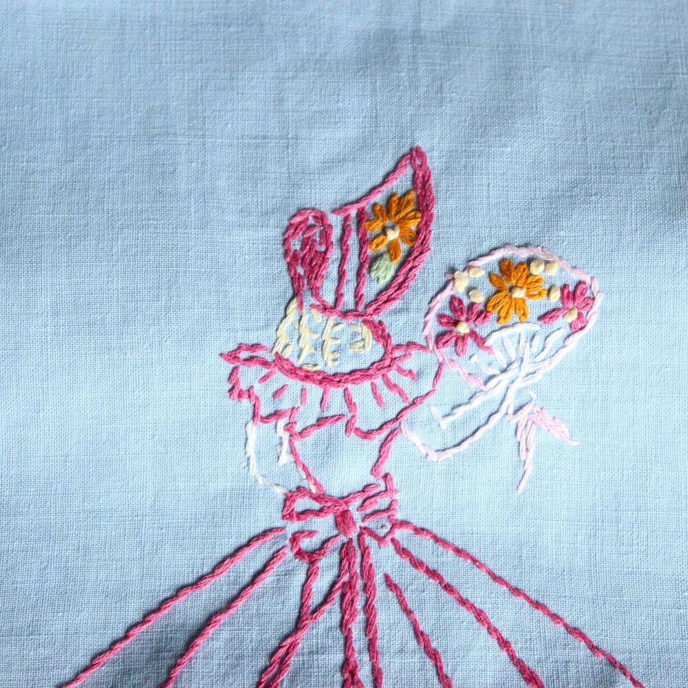 Vintage 1950s Table Runner, Blue Linen with Embroidered Woman and Flowers - Picture 5 of 10